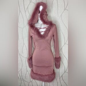 🎀🌷 Mauve Faux Fur Trim Hoodie Lace Up Dress 🌷🎀